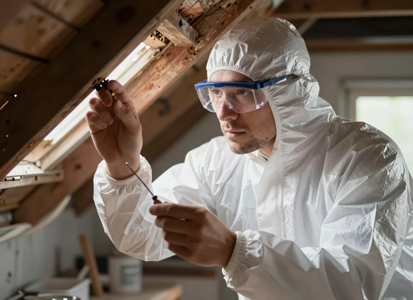 Holzbalken im Dachstuhl wird mit Schutzbrille begutachtet
