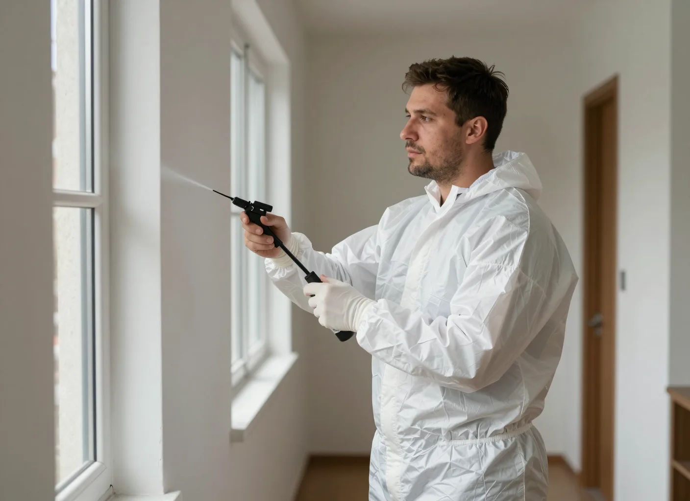 Fachkraft im Schutzanzug behandelt eine Fensterlaibung punktgenau