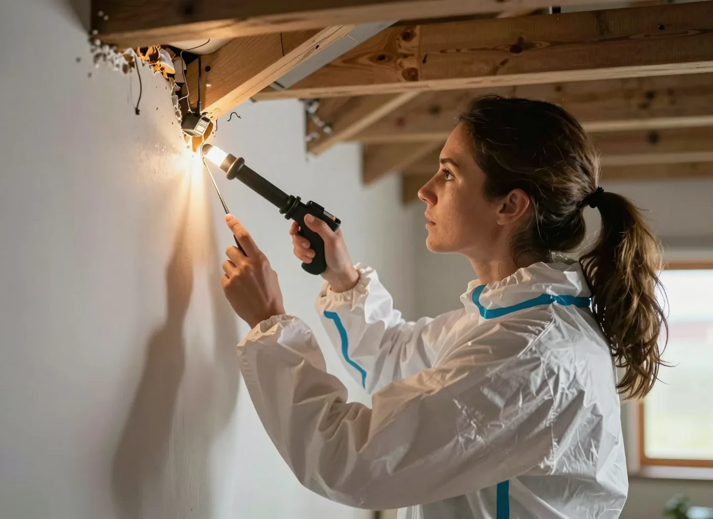 Deckenanschluss wird mit der Lampe auf Eintrittsstellen abgesucht