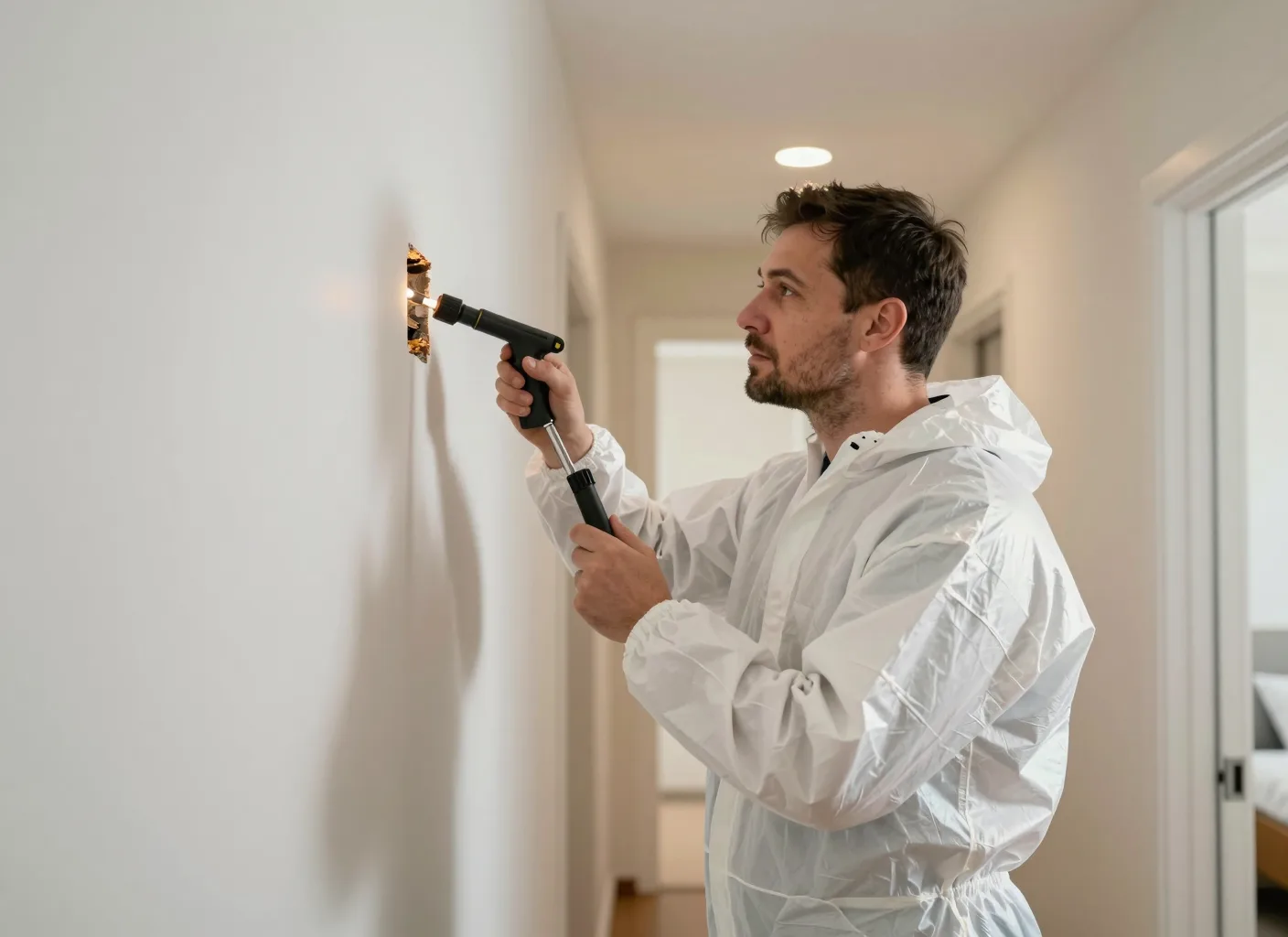 Öffnung in einer Innenwand wird mit der Lampe untersucht